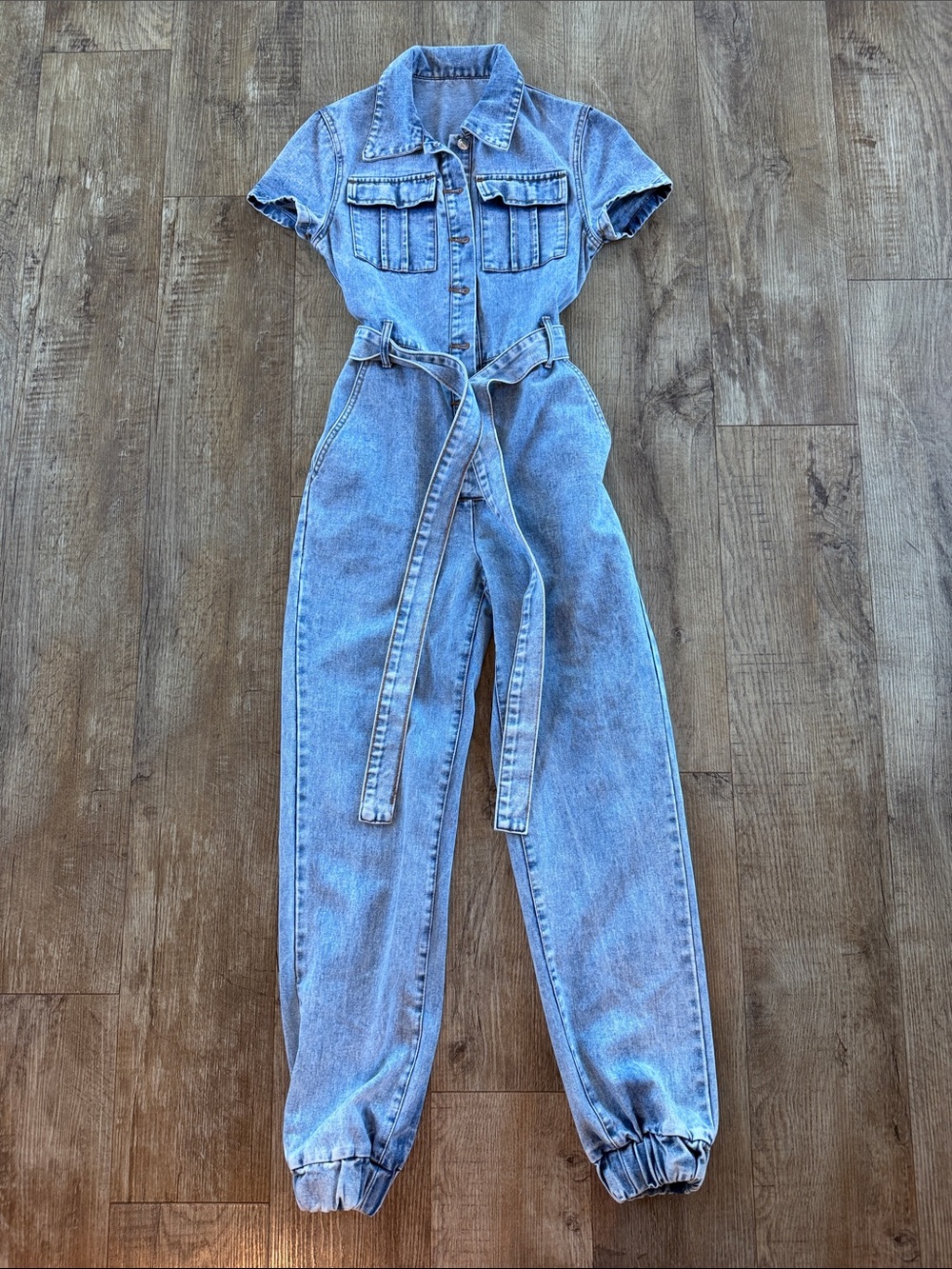 Light Blue Denim Jumpsuit with Belted Waist